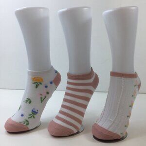 Womens Ankle Socks 3 Pack Cute Floral Striped Ribbed Pink White Yellow